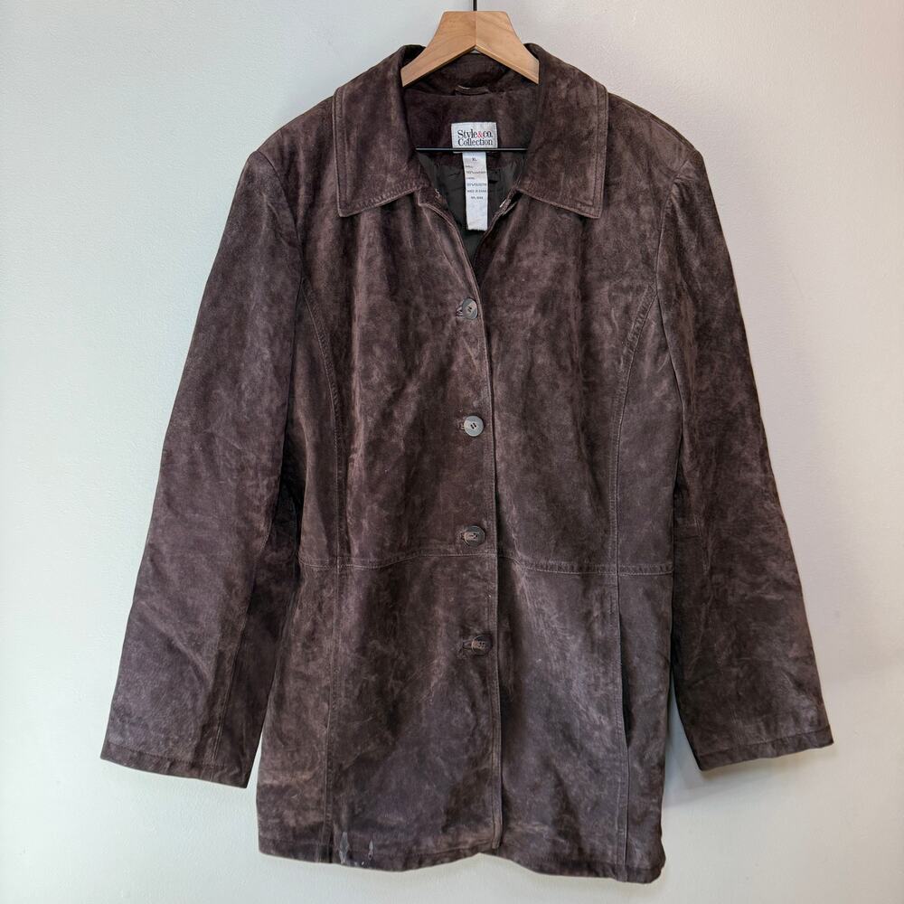 Style & Co. Women's Brown Suede 100% Leather Jacket Button Coat Size X-Large